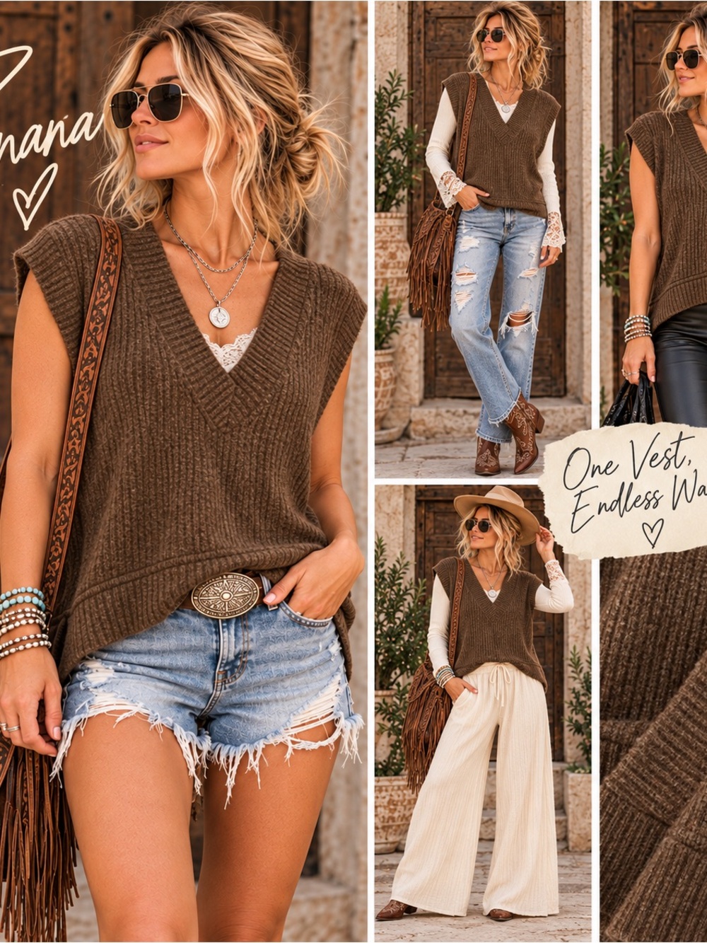 Zenana Outfitters Brown V-Neck Ribbed Knit Vest